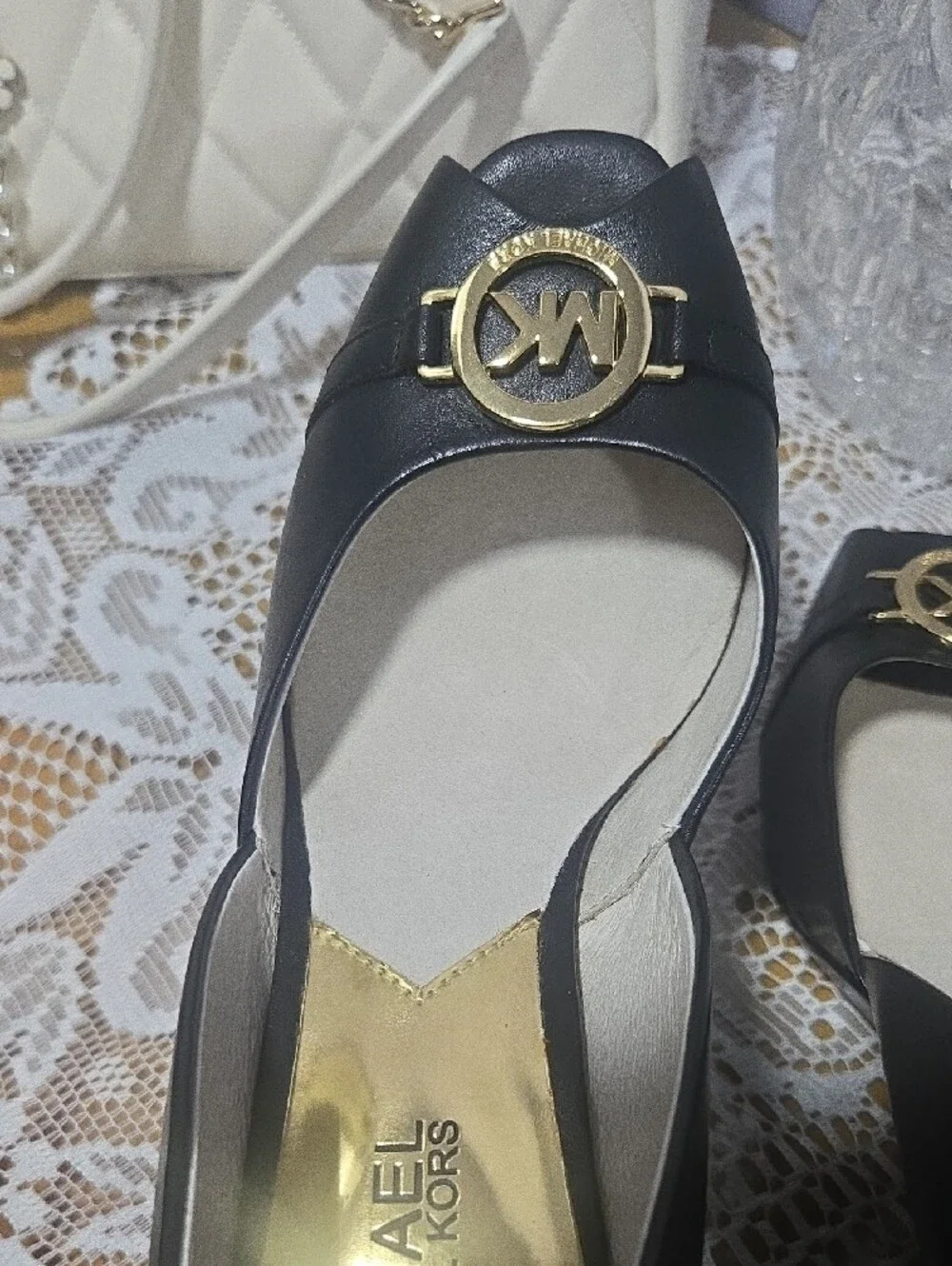 Michael Kors Black Peep-Toe Wedge with Gold MK Emblem